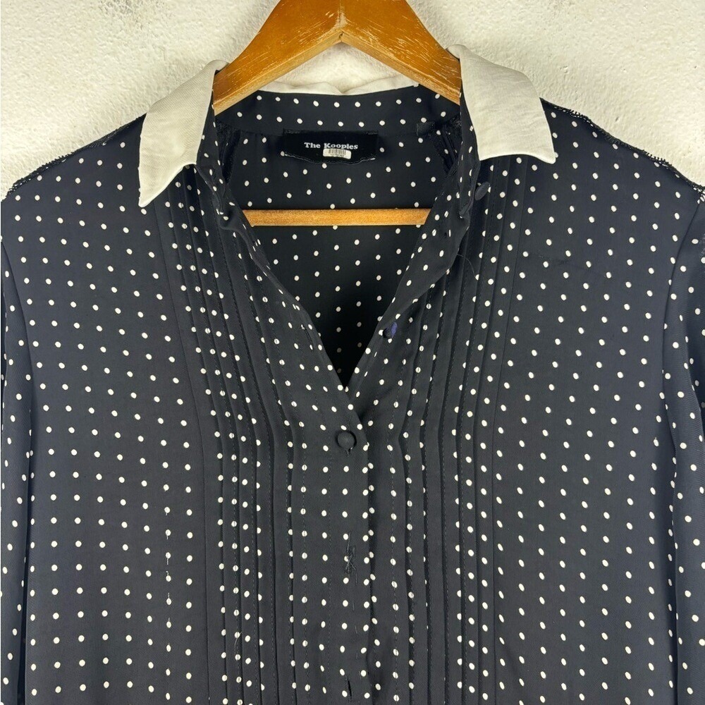 The Kooples Medium Black and White Polka Dot Pleated Collared Dress Lace Teacher - Picture 5 of 13